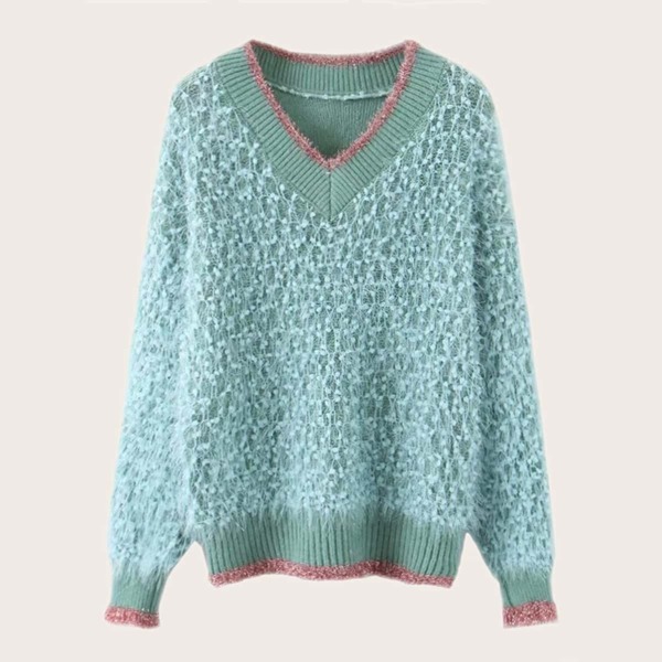 

V-neck Contrast Binding Shaggy Jumper