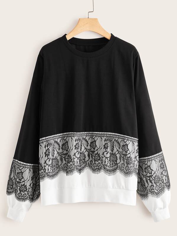

Plus Two Tone Lace Panel Tee, Black