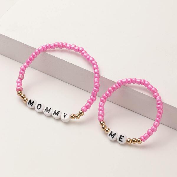 

Toddler Girls Letter Engraved Beaded Bracelet 2pcs, Multicolor