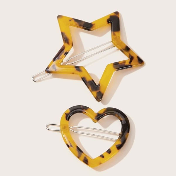 

Tortoiseshell Pattern Heart & Star Design Hair Clip 2pcs