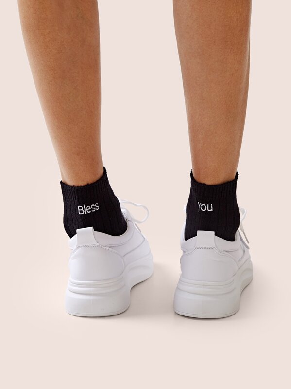 

Slogan Embroidery Socks 1pair, Black