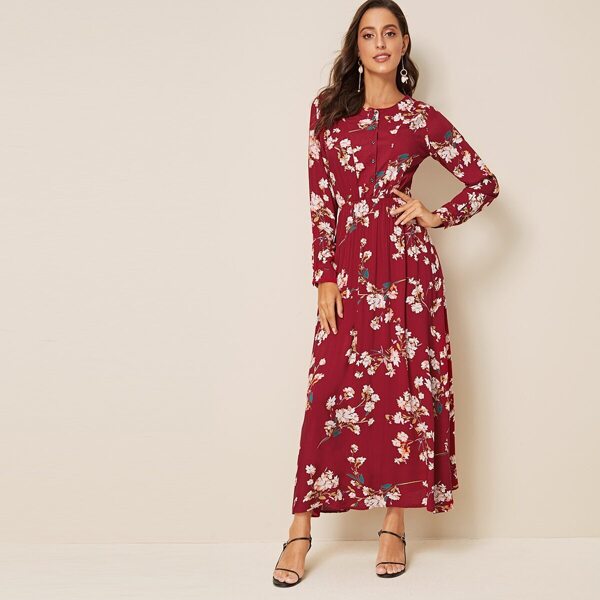 

Floral Print Half Placket Dress, Burgundy