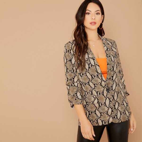 

Ruched Sleeve Single Button Snake Print Blazer