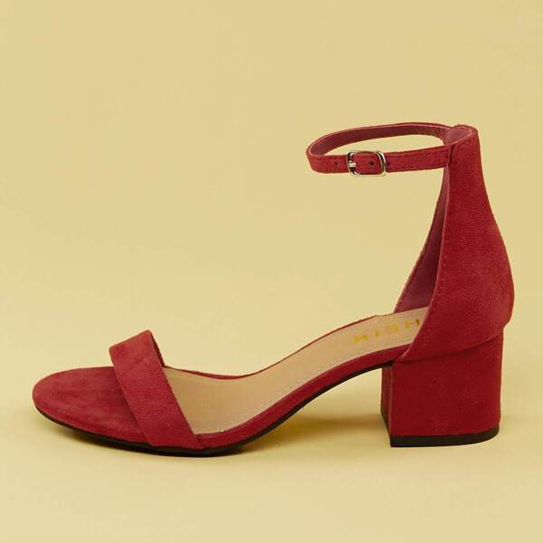 

Faux Suede Open Toe Low Block Heels, Red