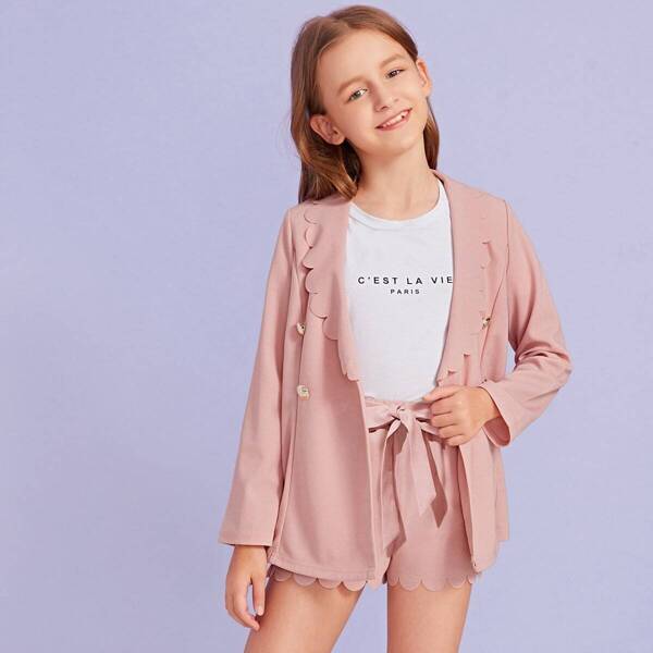 

Girls Double Button Scalloped Coat & Shorts Set With Belt, Pink pastel