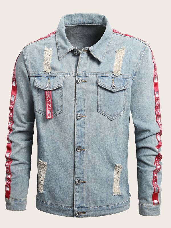 

Men Letter Tape Ladder Distressed Denim Jacket, Blue