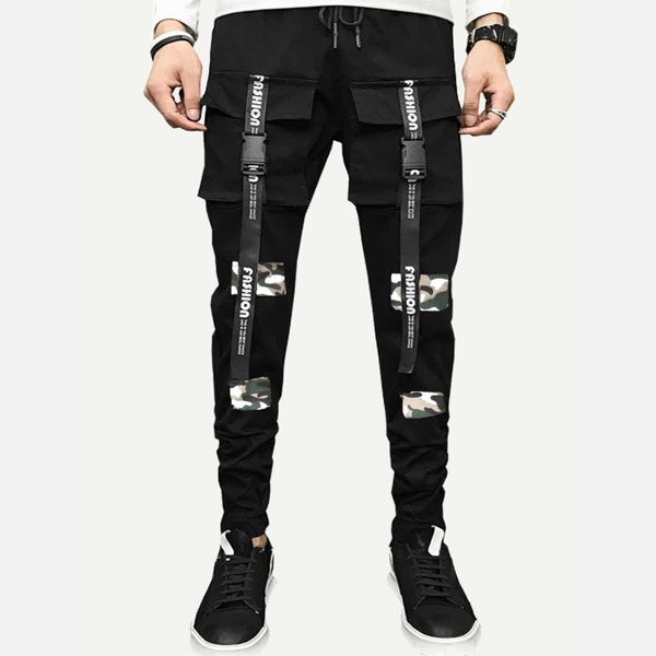 

Men Ribbon Letter Print Drawstring Pants, Black