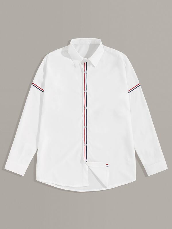 

Men Contrast Tape Curved Hem Shirt, White