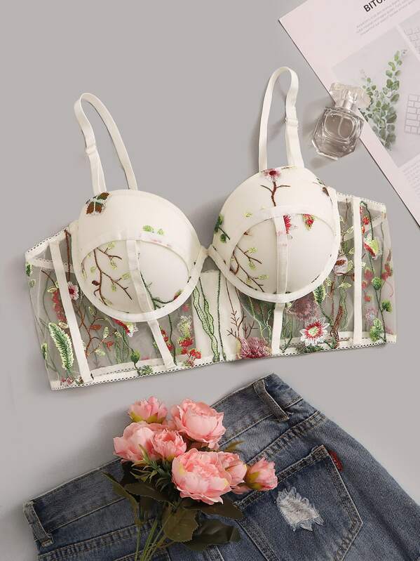 

Plus Flower Embroidery Mesh Bra, Multicolor, Carol