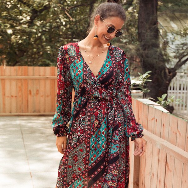 

V-neck Ditsy Floral Patchwork Midi Dress, Multicolor