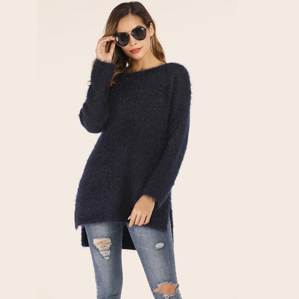 

High Low Pullover Fuzzy Jumper, Navy