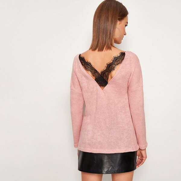 

Contrast Lace Criss Cross V-Back Sweater