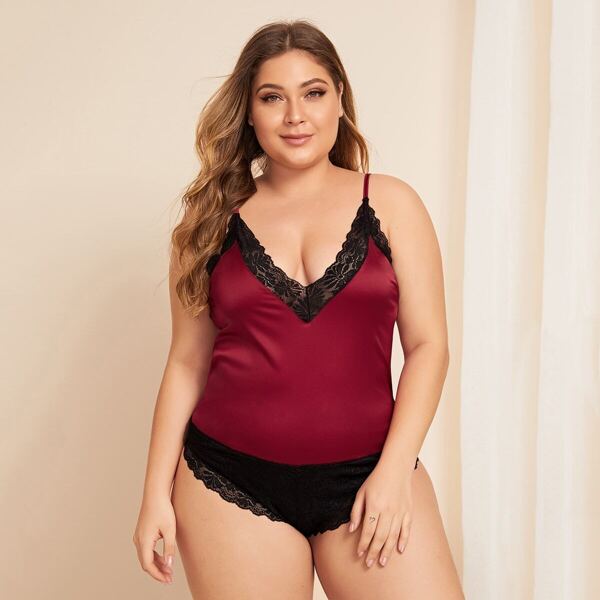 

Plus Contrast Lace Satin Teddy Bodysuit, Burgundy
