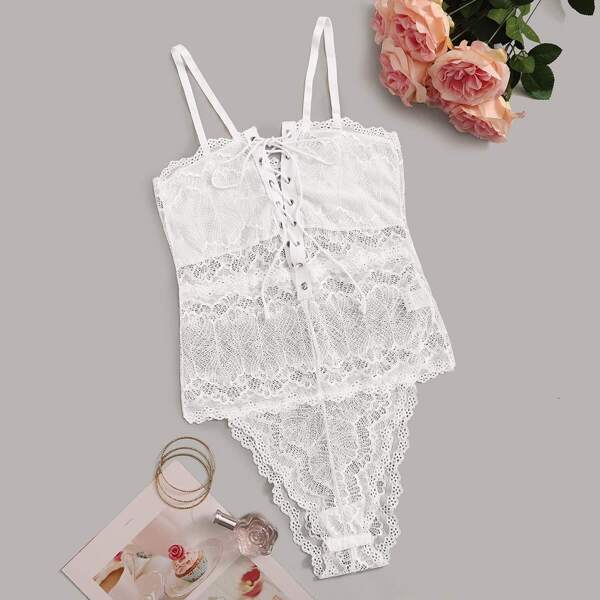 

Plus Lace Up Sheer Lace Teddy Bodysuit, White