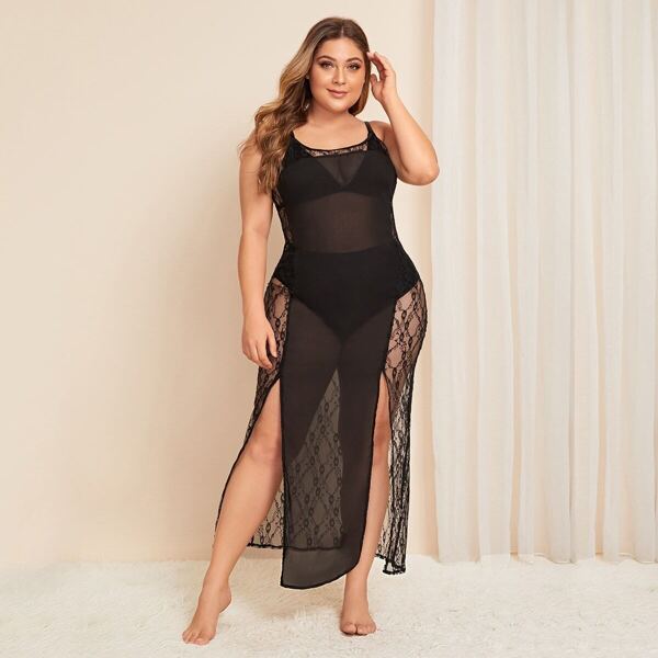 

Plus Split Contrast Mesh Floral Lace Dress, Black