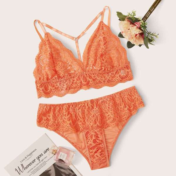 

Plus Floral Lace Harness Lingerie Set, Orange