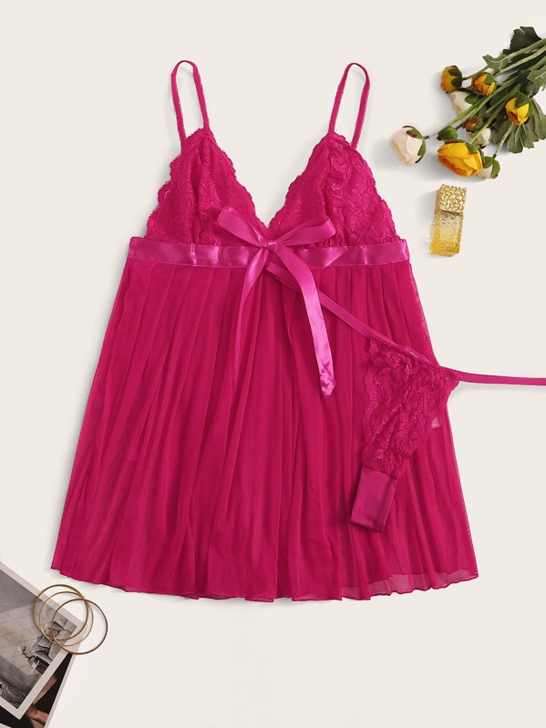 

Plus Knot Front Contrast Lace Mesh Slips With Thong, Pink