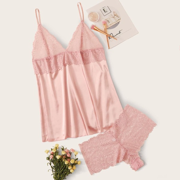 

Plus Contrast Lace Satin Slips With Panty, Pink