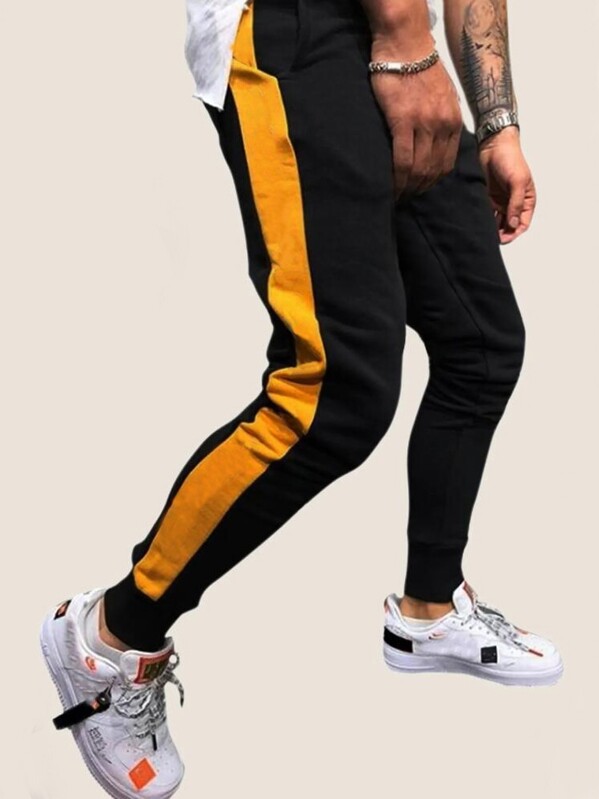 

Men Contrast Panel Drawstring Sweatpants, Black