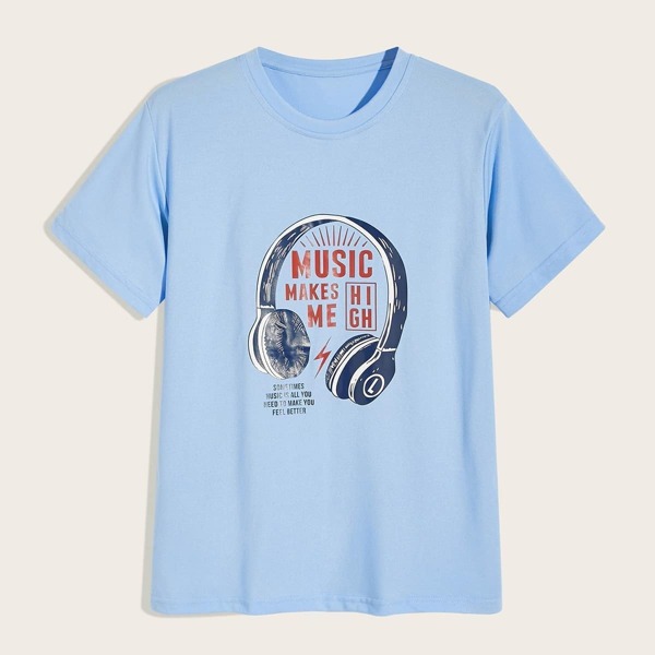 

Men Letter & Headset Print Tee, Blue