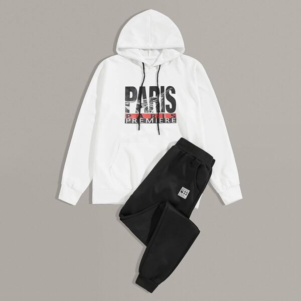 

Men Letter Print Drawstring Hoodie & Sweatpants