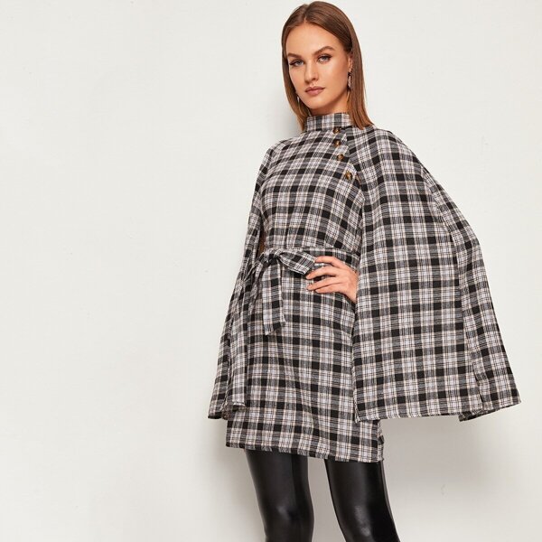 

Self Tie Plaid Cape Outerwear