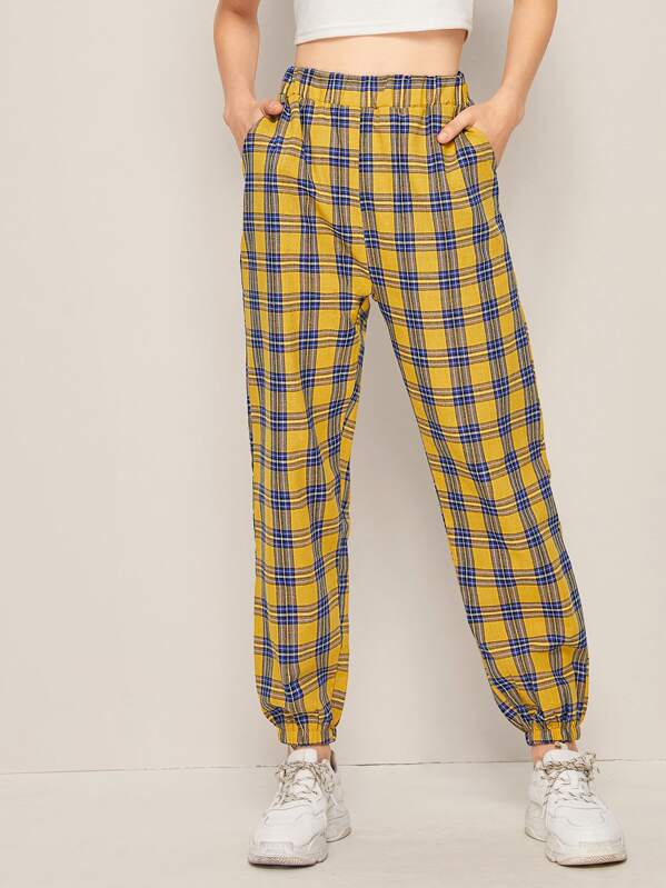 

Tartan Plaid Elastic Waist Carrot Pants, Yellow, Sonya