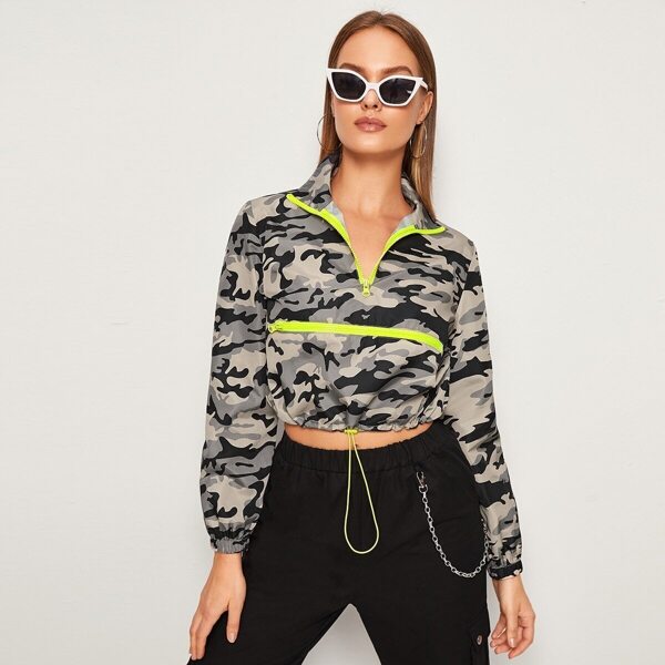 

Half Placket Drawstring Hem Camo Windbreaker Jacket, Multicolor