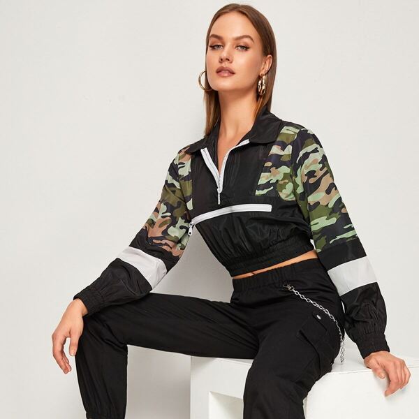 Half Placket Spliced Camo Windbreaker Jacket