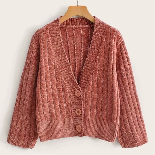 

Ribbed V Neck Button Front Cardigan