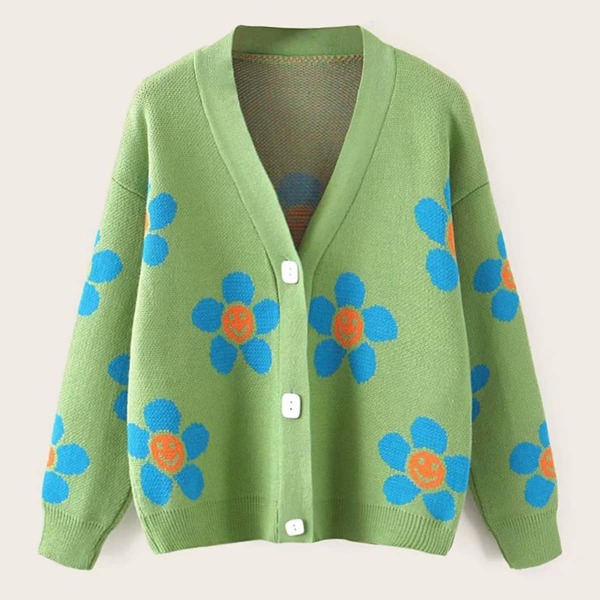 

V Neck Button Front Floral Pattern Cardigan, Green