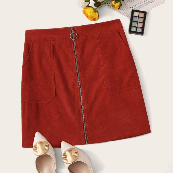 

O-ring Zipper Slant Pocket Corduroy Skirt, Red