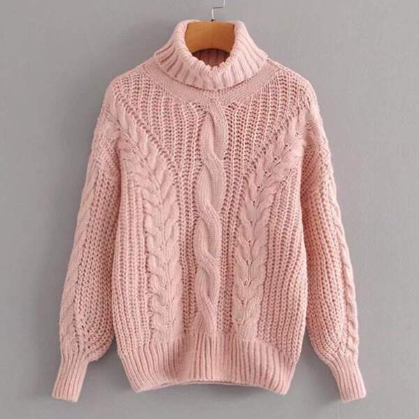 

High Neck Drop Shoulder Cable Knit Sweater, Pink