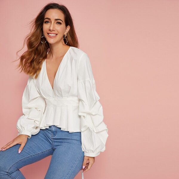 

Plunge Neck Gathered Sleeve Peplum Top