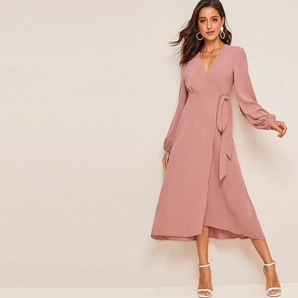 

Solid Bishop Sleeve Wrap Knotted Dress, Pastel dusty pink