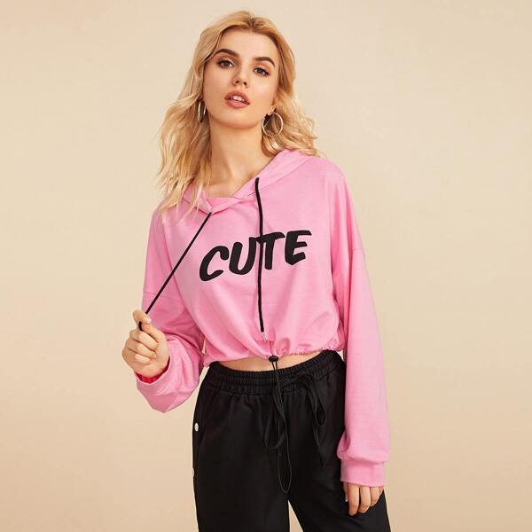

Letter Graphic Crop Drawstring Hoodie, Pink