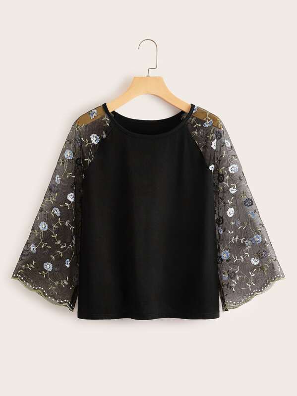 

Scallop Trim Embroidered Mesh Sleeve Top, Black
