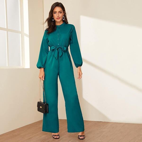 

Wide Leg Button Front Self Tie Jumpsuit