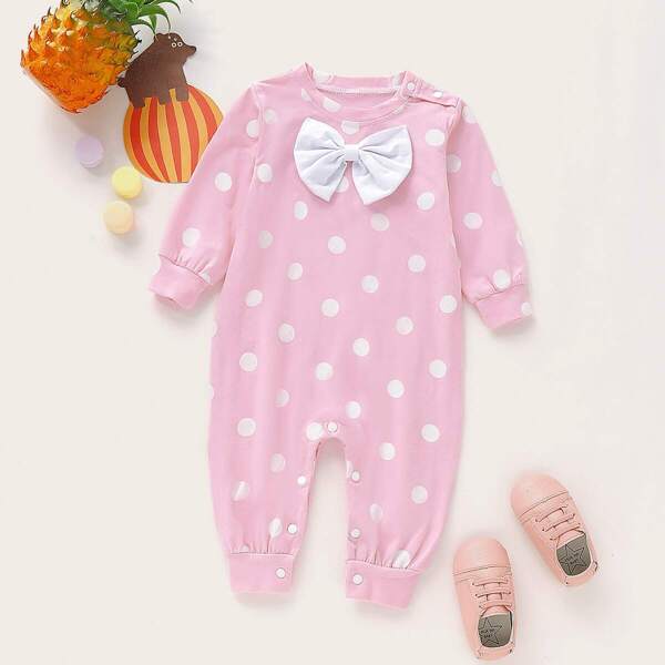 

Baby Girl Polka Dot Bow Front Jumpsuit, Baby pink