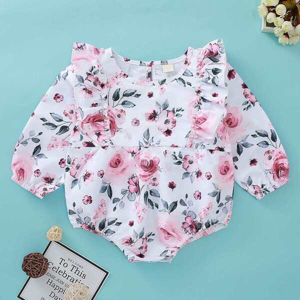 

Baby Girl Floral Print Ruffle Trim Romper