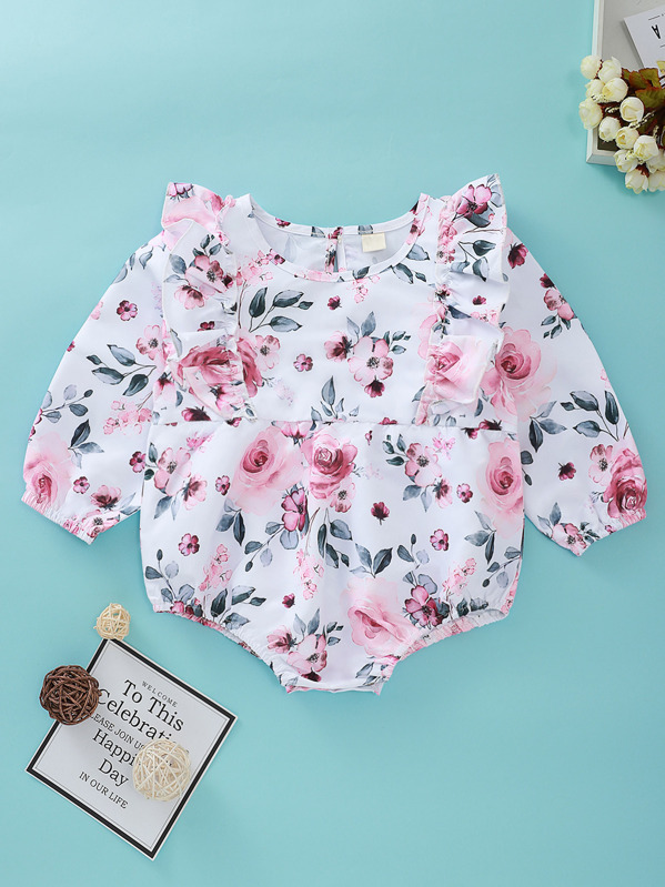 

Baby Girl Floral Print Ruffle Trim Romper, Multicolor