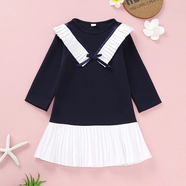 

Toddler Girls Contrast Pleated Panel Bow Babydoll Dress, Navy blue