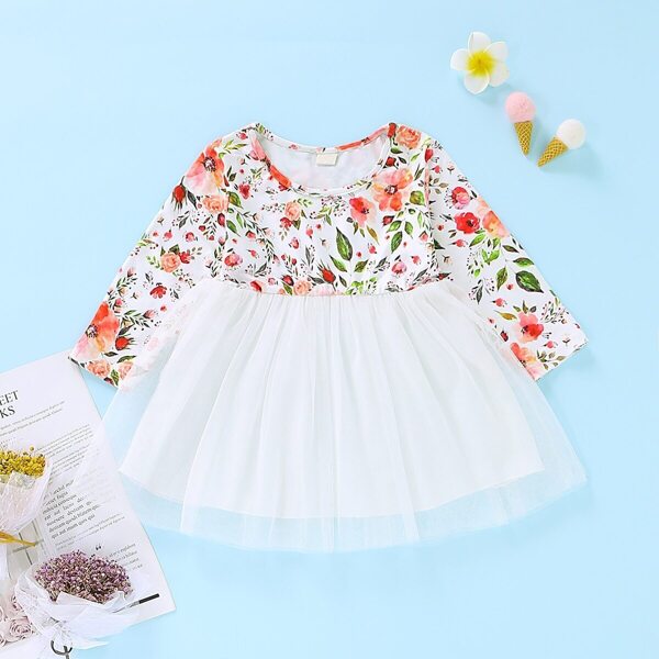 

Baby Girl Floral Print Contrast Mesh A-line Dress