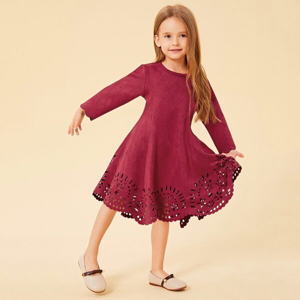 

Toddler Girls Laser Cut Out Scallop Trim Swing Dress, Burgundy