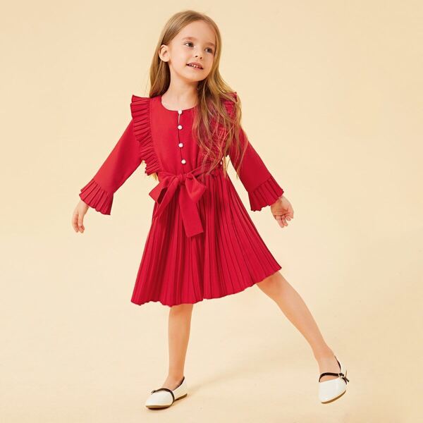 

Toddler Girls Half Button Self Tie Pleated Dress, Red