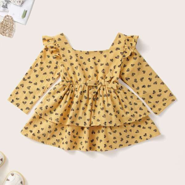 

Baby Girl Allover Heart Print Tiered Layer Dress, Yellow