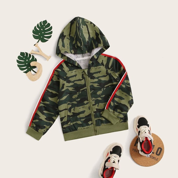 

Toddler Boys Camo Side Stripe Hooded Bomber Jacket, Army green