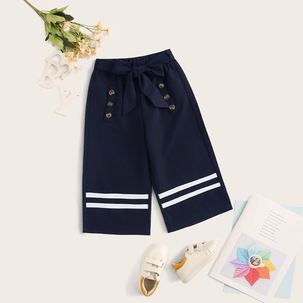 

Toddler Girls Striped Tape Belted Wide Leg Pants, Navy