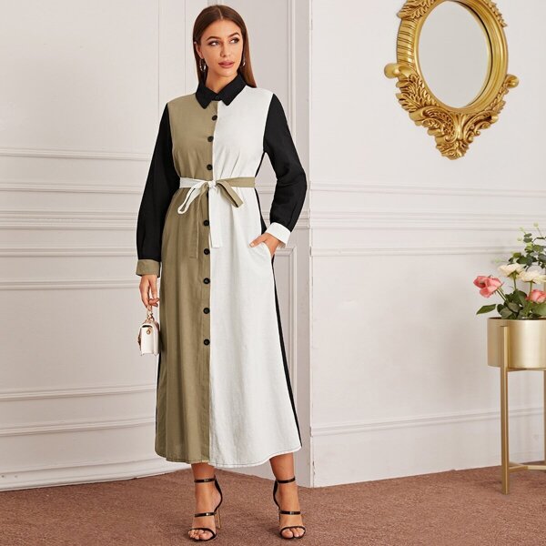 

Cut And Sew Button Front Belted Shirt Dress