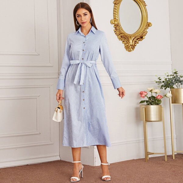

Gingham Striped Self Tie Shirt Dress, Blue